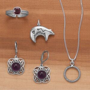 Sterling Silver Garnet & Amethyst Jewelry 6pc Set Ring Earrings 2charm Necklace